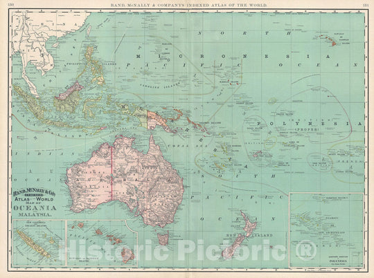 Historic Map : Malaysia and Oceania "Australia, New Zealand, Polynesia", Rand McNally, 1892, Vintage Wall Art