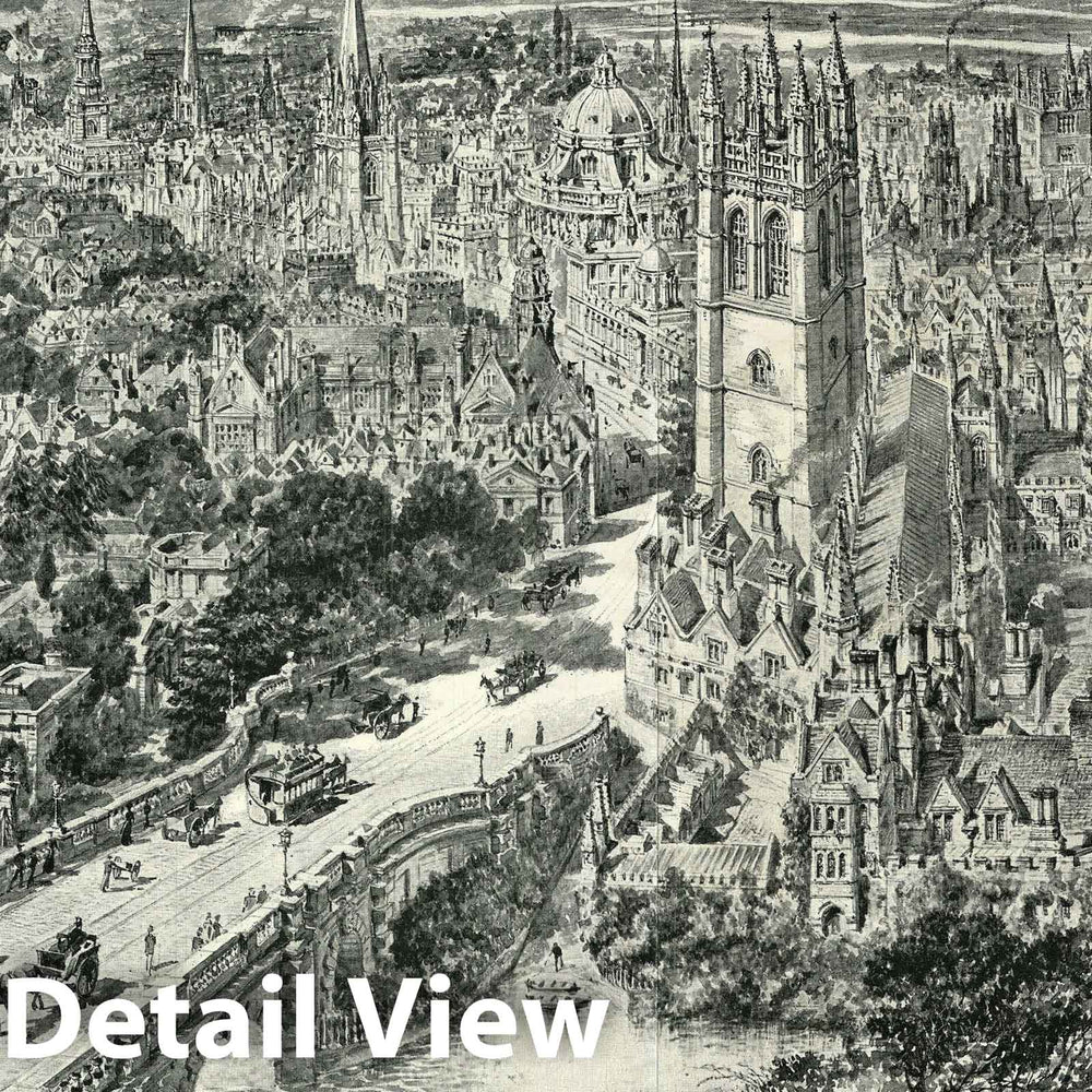 Historic Map : Panoramic View of Oxford, England, Brewer, 1894, Vintage Wall Art