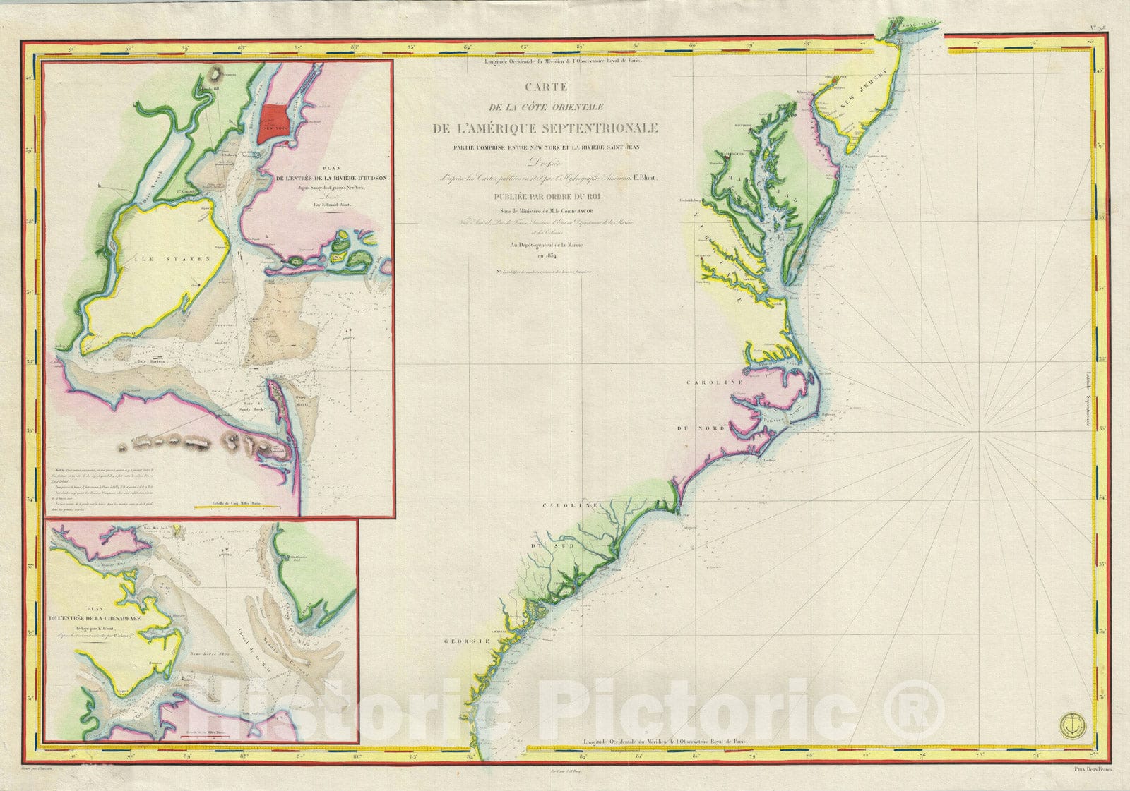 Historic Map : The United States East Coast: New York City to St. John's River, Florida, Blunt, 1834, Vintage Wall Art