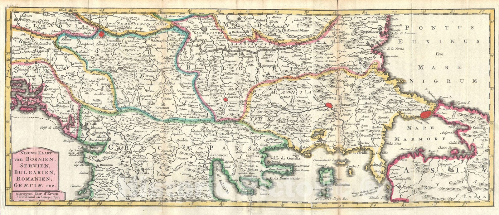 Historic Map : The Balkans " Bosnia, Serbia, Bulgaria, Rumania ", Ratelband, 1738, Vintage Wall Art