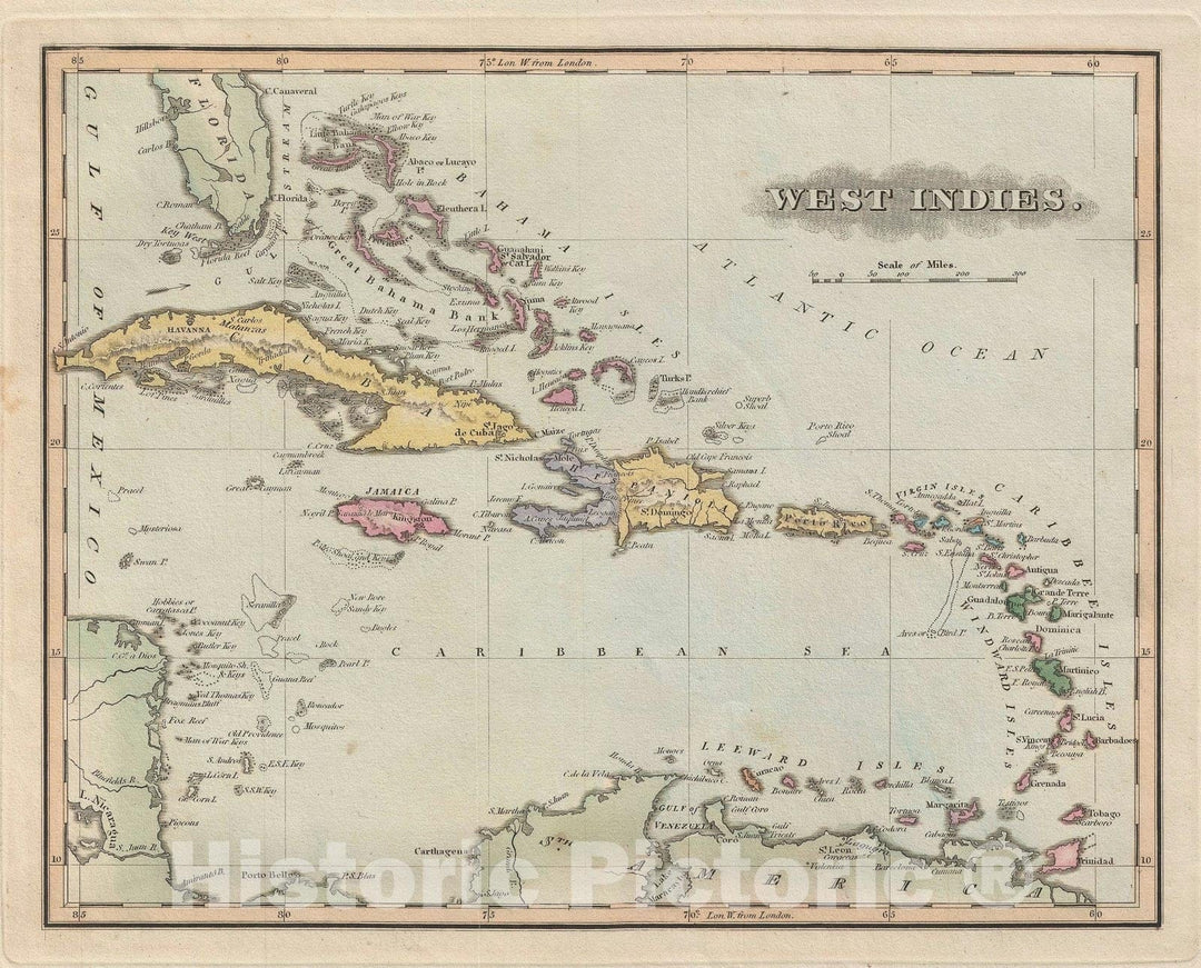 Historic Map : West Indies, Lucas, 1823, Vintage Wall Art