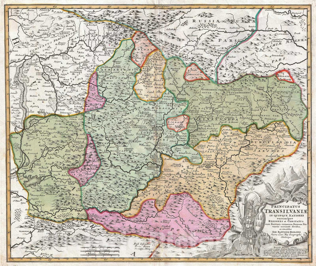 Historic Map : Transylvania " Romania ", Homann, 1720, Vintage Wall Art