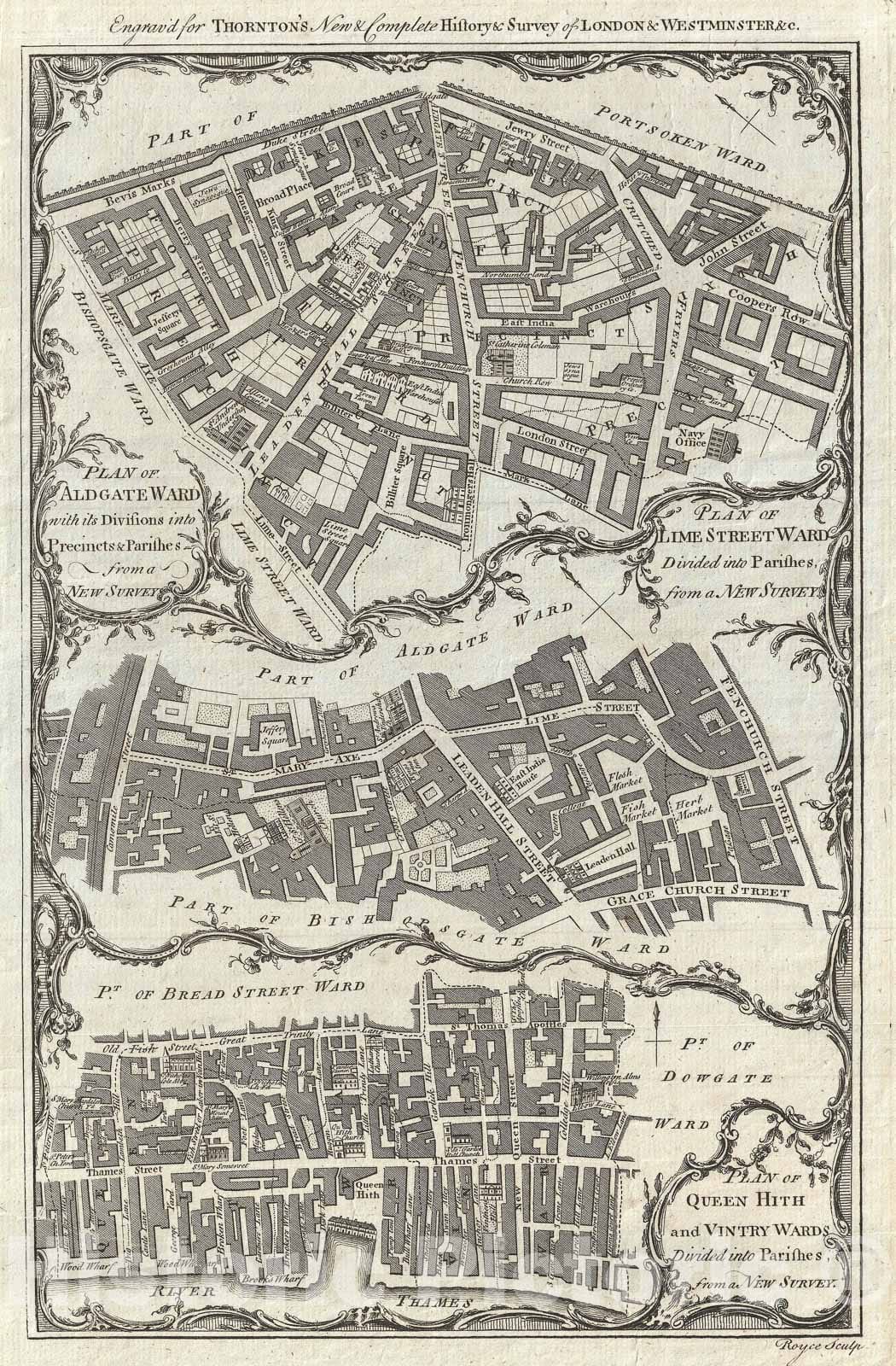 Historic Map : London: Aldgate, Vintry, Limestreet, Queen Hith, Hogg and Thornton, 1780, Vintage Wall Art