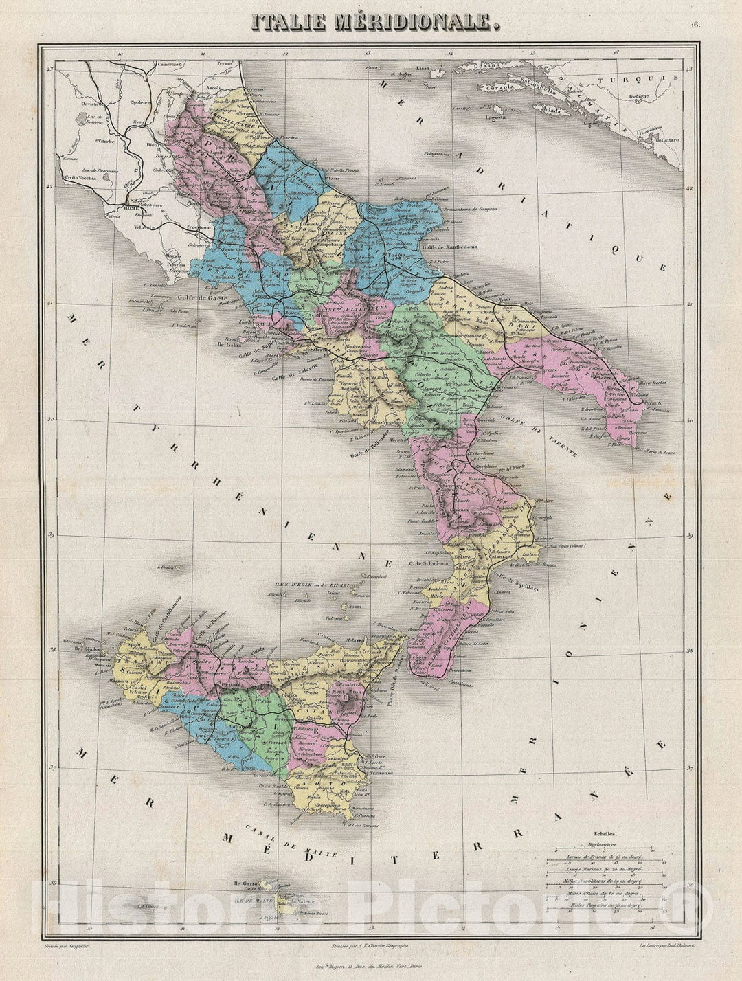 Historic Map : Southern Italy, Migeon, 1876, Vintage Wall Art