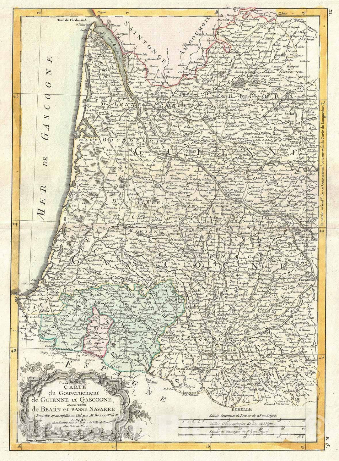 Historic Map : Gironde and Gascony, France "Bordeaux Wine", Bonne, 1771, Vintage Wall Art