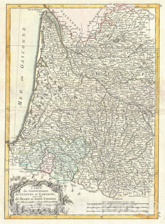 Historic Map : Gironde and Gascony, France "Bordeaux Wine", Bonne, 1771, Vintage Wall Art