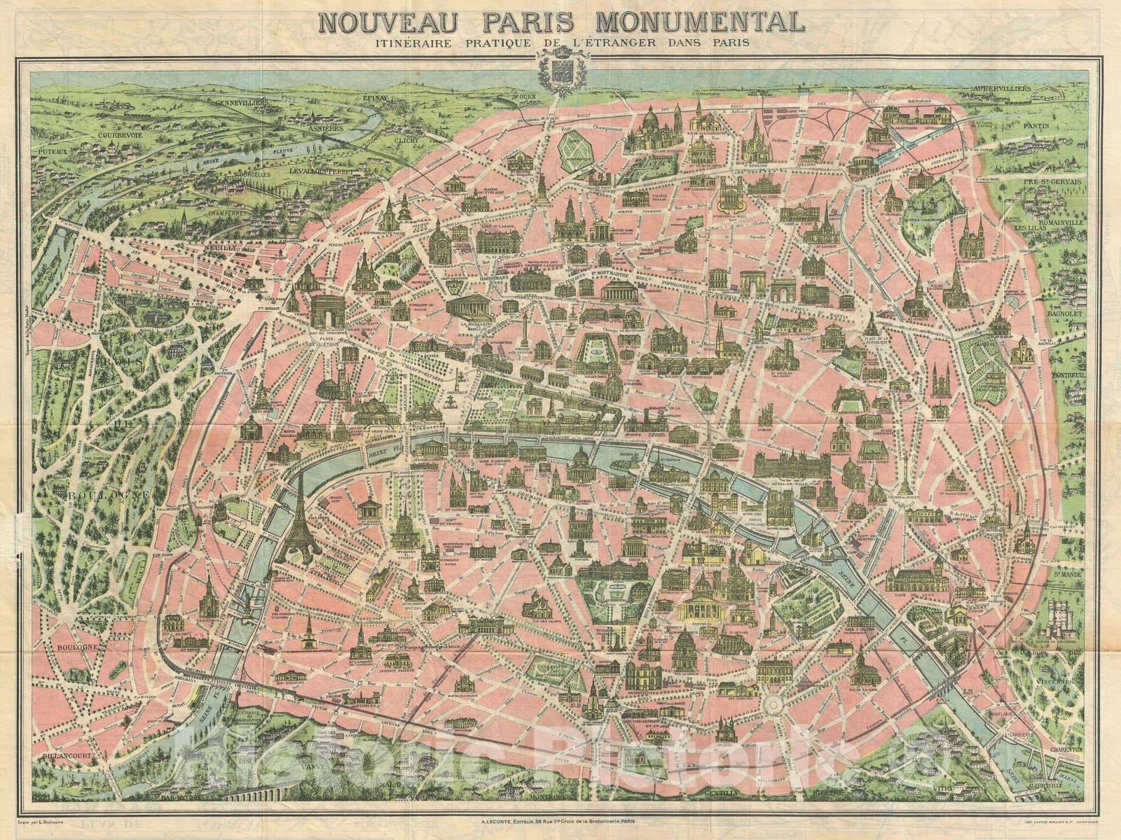 Historic Map : Paris, France w/ Monuments, Leconte, 1937, Vintage Wall Art