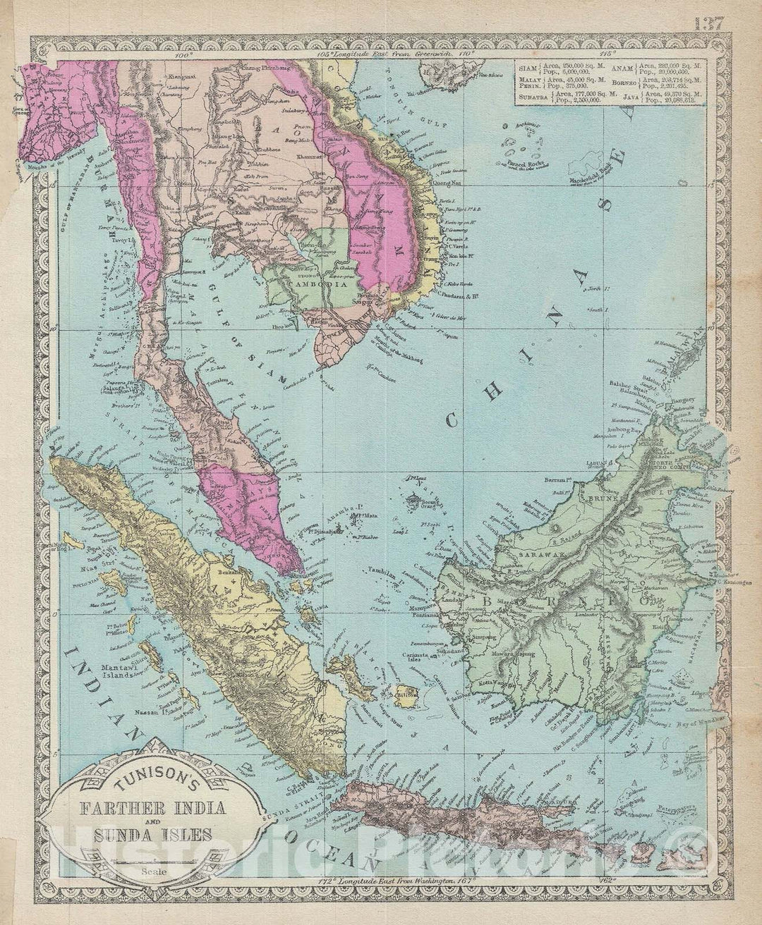 Historic Map : The East Indies "Singapore, Thailand, Borneo, Malaysia", Tunison, 1887, Vintage Wall Art