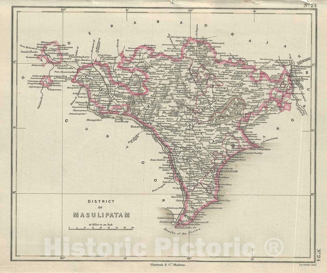 Historic Map : The Krishna District or Masulipatam, Andhra Pradesh, India, Pharoah, 1854, Vintage Wall Art