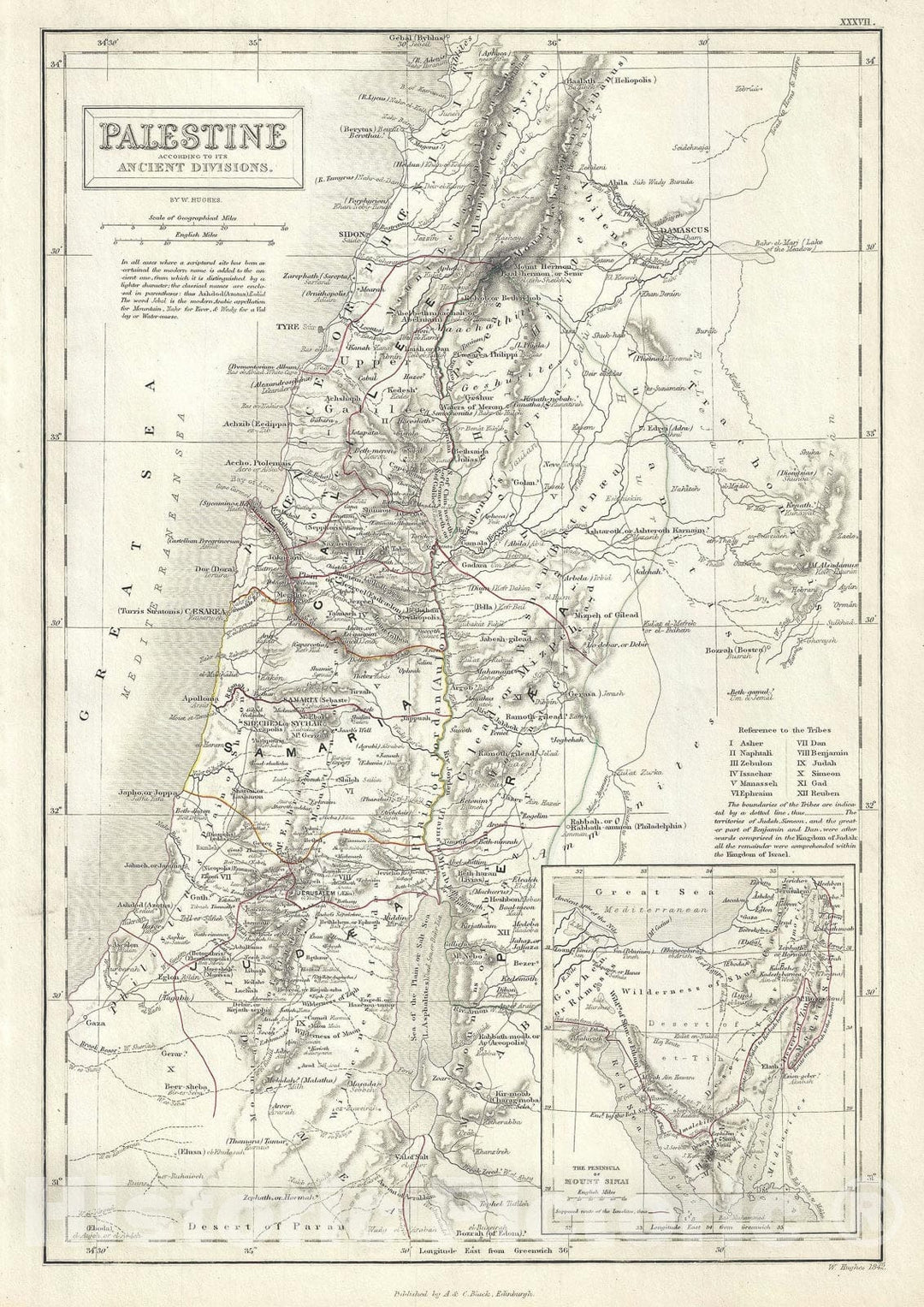 Historic Map : Palestine, Israel or The Holy Land, Black, 1844, Vintage Wall Art