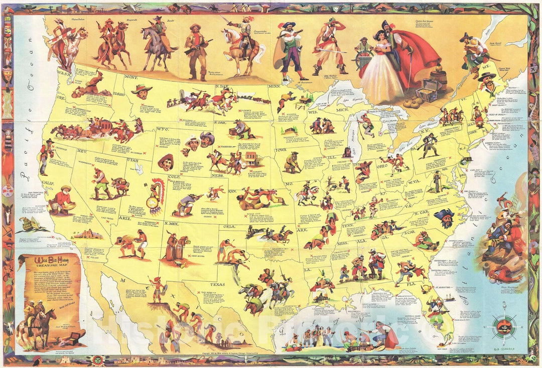 Historic Map : Wild Bill Hickok Pictorial Treasure Map of The United States, Glaubke, 1952, Vintage Wall Art