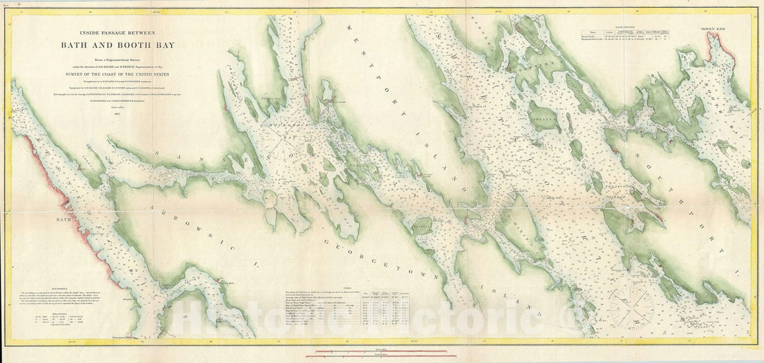 Historic Map : Nautical Chart Bath and Boothbay, Maine, U.S. Coast Survey, 1867, Vintage Wall Art