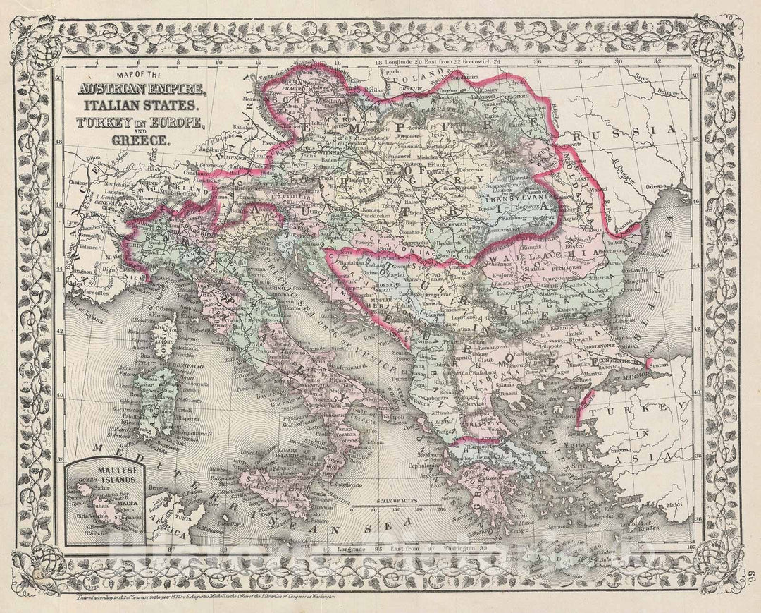 Historic Map : The Austrian Empire, Mitchell, 1872, Vintage Wall Art