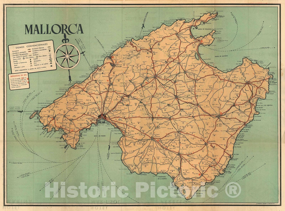 Historic Map : Mallorca / Majorca, Spain, PORAM, 1949, Vintage Wall Art