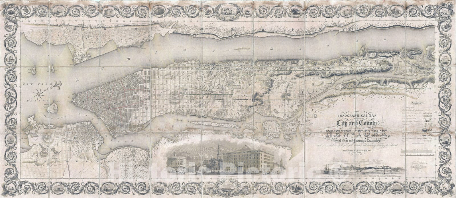 Historic Map : Topographical Map of New York City "Manhattan", Burr / Colton, 1840, Vintage Wall Art