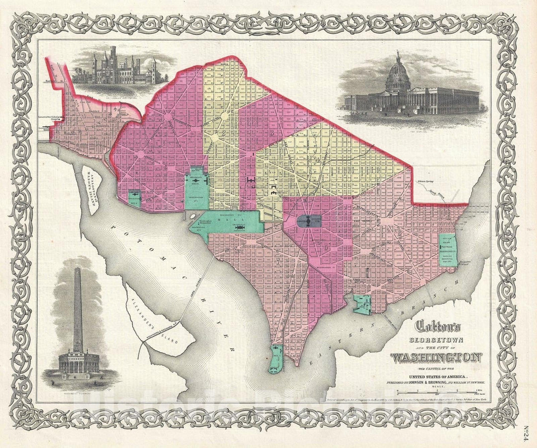 Historic Map : Plan of Washington D.C., Colton, 1855, Vintage Wall Art