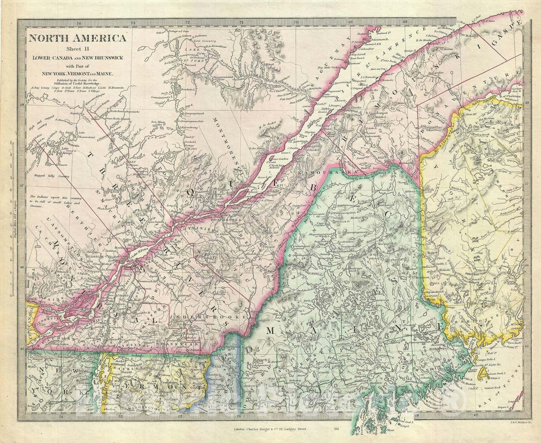 Historic Map : Lower Canada "Quebec", S.D.U.K., 1848, Vintage Wall Art