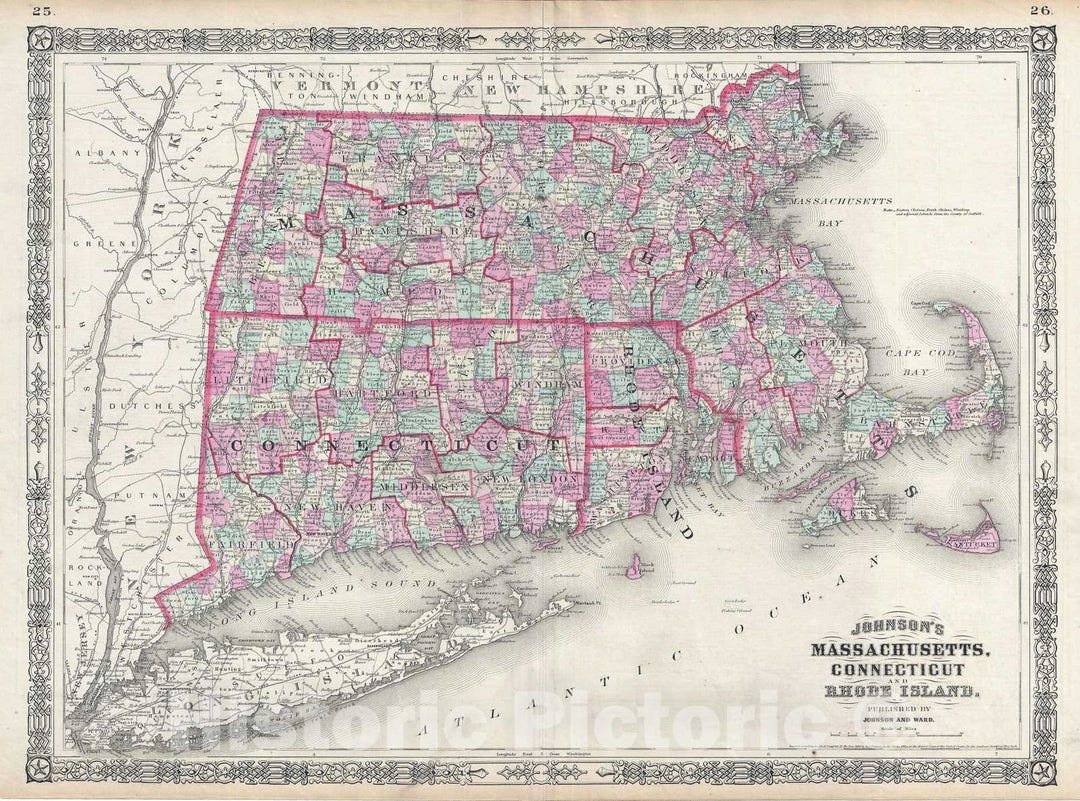 Historic Map : Massachusetts, Connecticut anf Rhode Island, Johnson, 1864, Vintage Wall Art