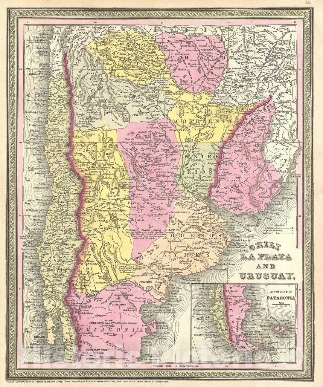 Historic Map : Chile, Argentina, and Uruguay, Mitchell, 1854, Vintage Wall Art