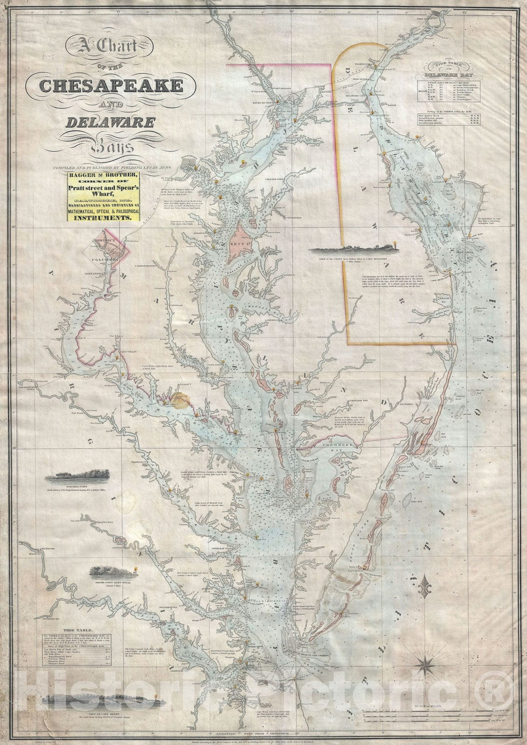 Historic Map : Nautical Chart The Chesapeake Bay and Delaware Bay, Fielding Lucas, 1852, Vintage Wall Art