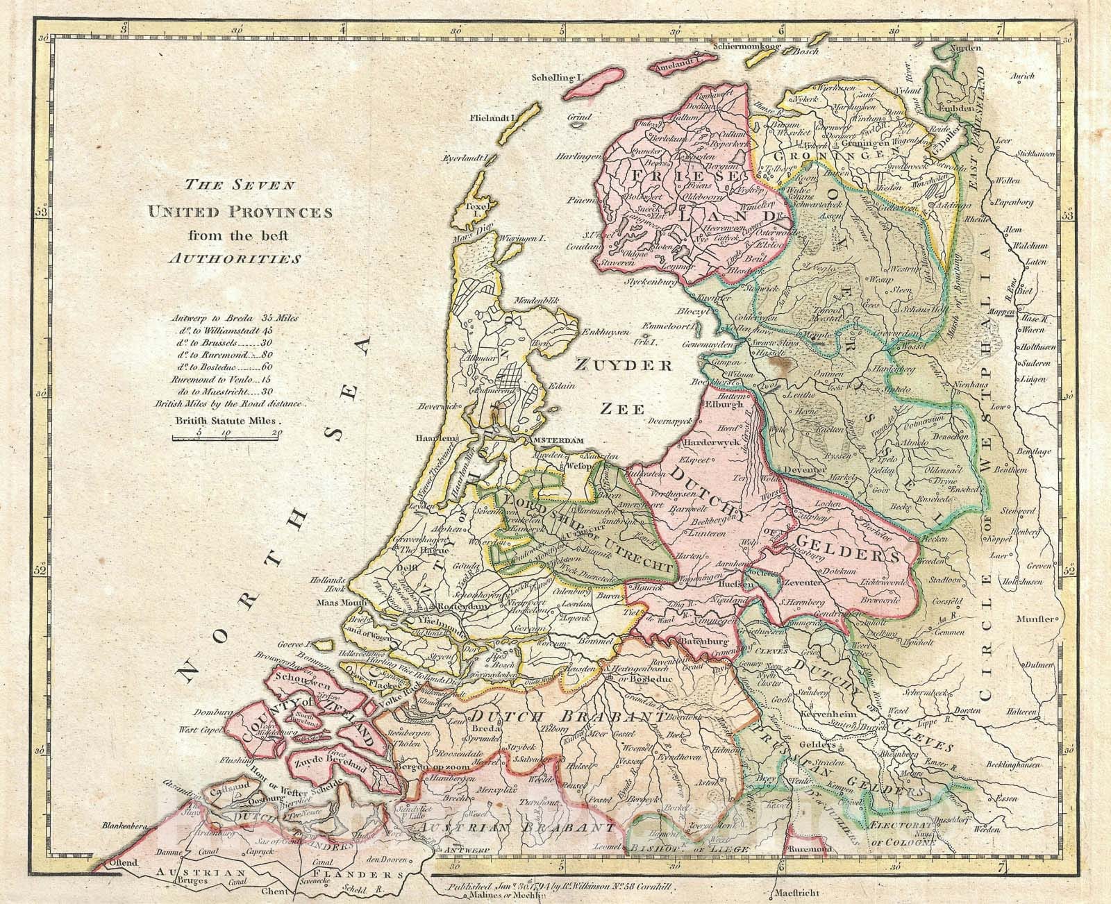 Historic Map : The Netherlands, Wilkinson, 1794, Vintage Wall Art