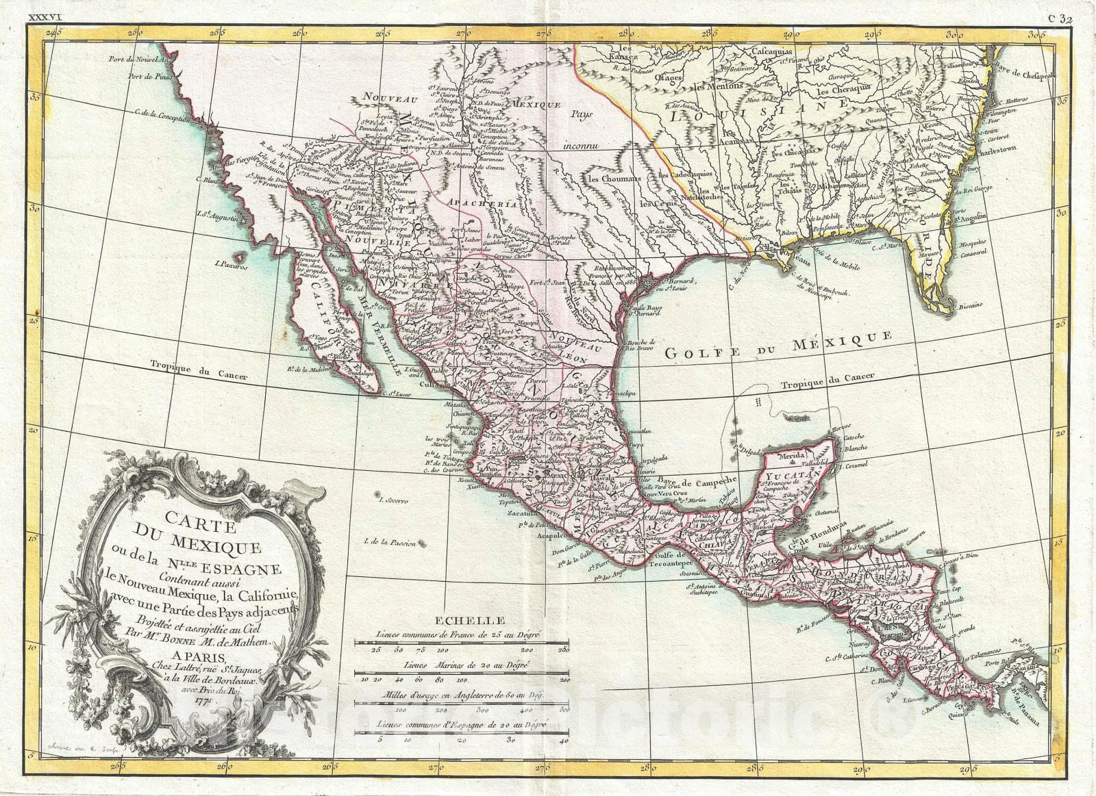 Historic Map : Mexico "Texas", Louisiana and Florida, Bonne, 1771, Vintage Wall Art