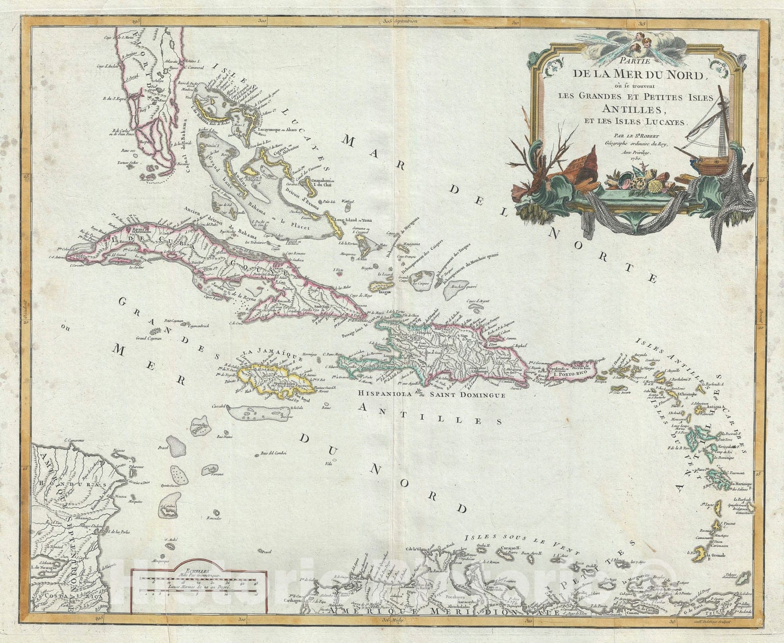 Historic Map : The West Indies or Caribbean, Vaugondy, 1750, Vintage Wall Art