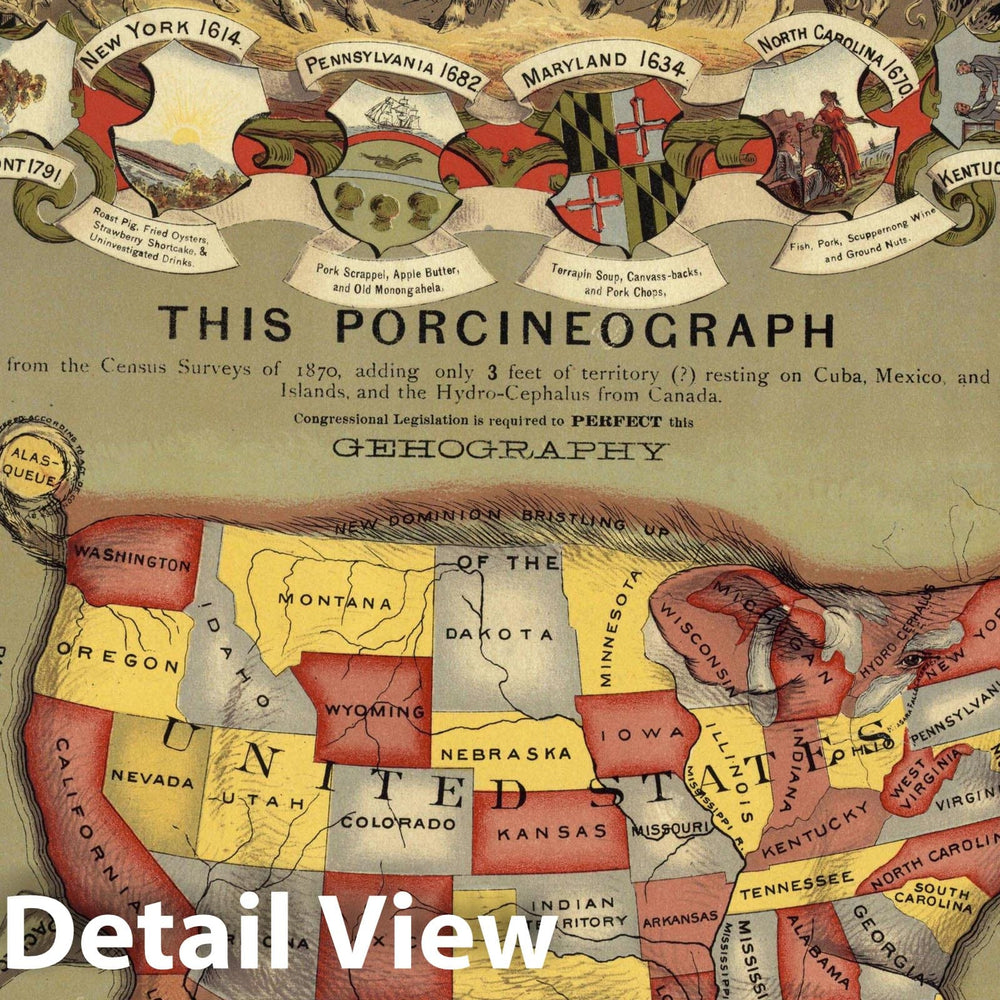 Historic Map : The United States "as Pig", Baker, 1876, Vintage Wall Art