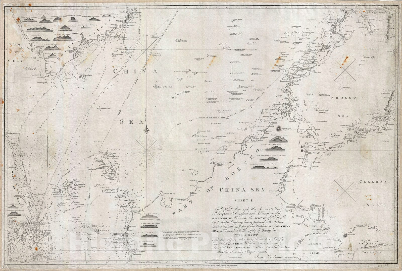 Historic Map : Nautical Chart Singapore, Boroeo, Malay and Cambodia, Horsburgh, 1842, Vintage Wall Art