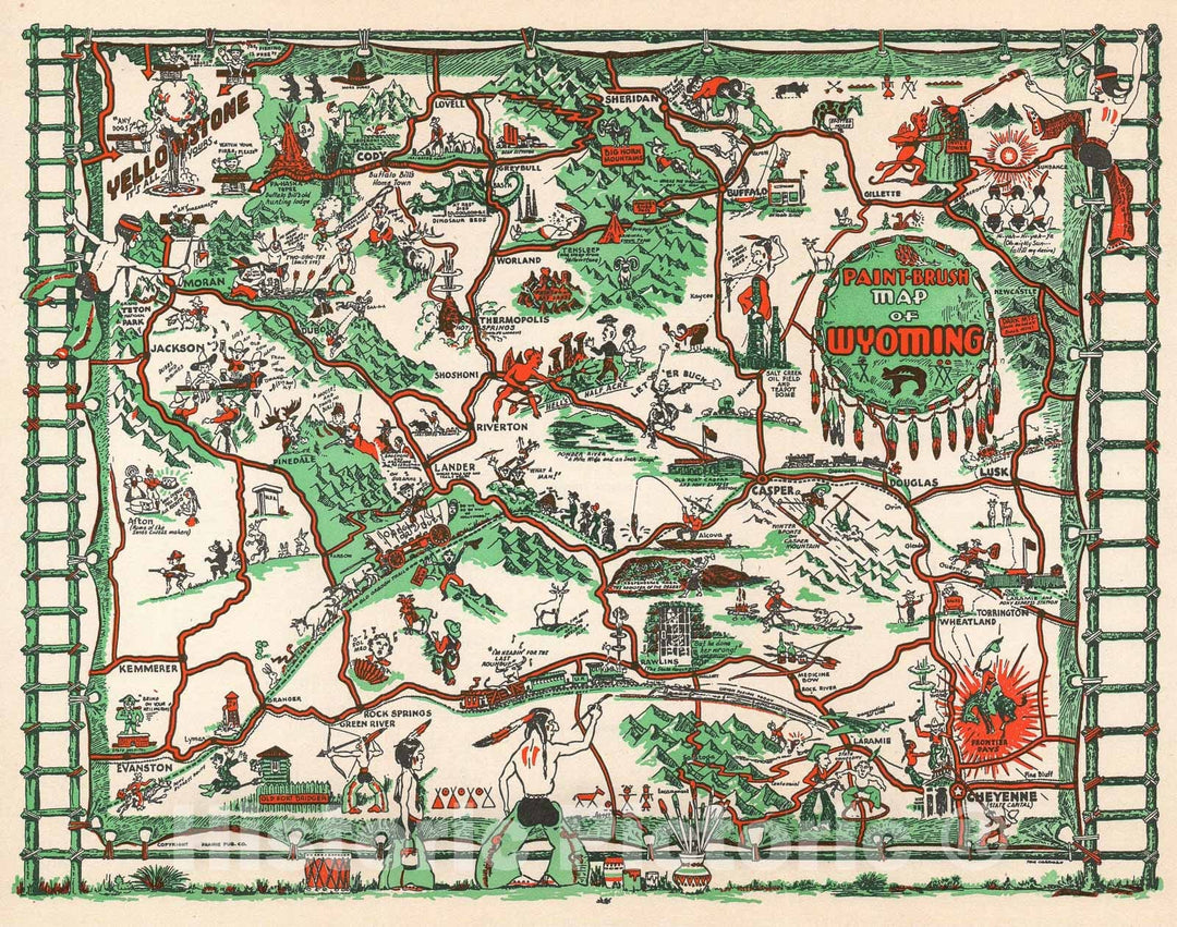 Historic Map : Carrigen Pictorial Map of Wyoming, 1938, Vintage Wall Art