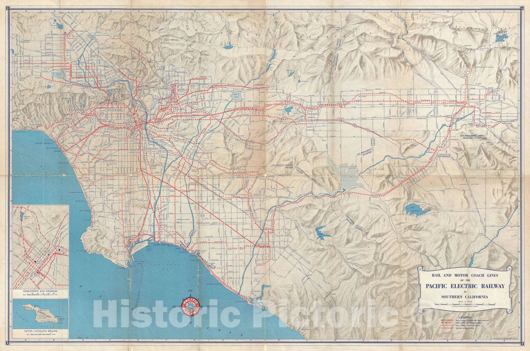 Historic Map : Pacific Electric Railway around Los Angeles, California, Pacific Electric, 1946, Vintage Wall Art