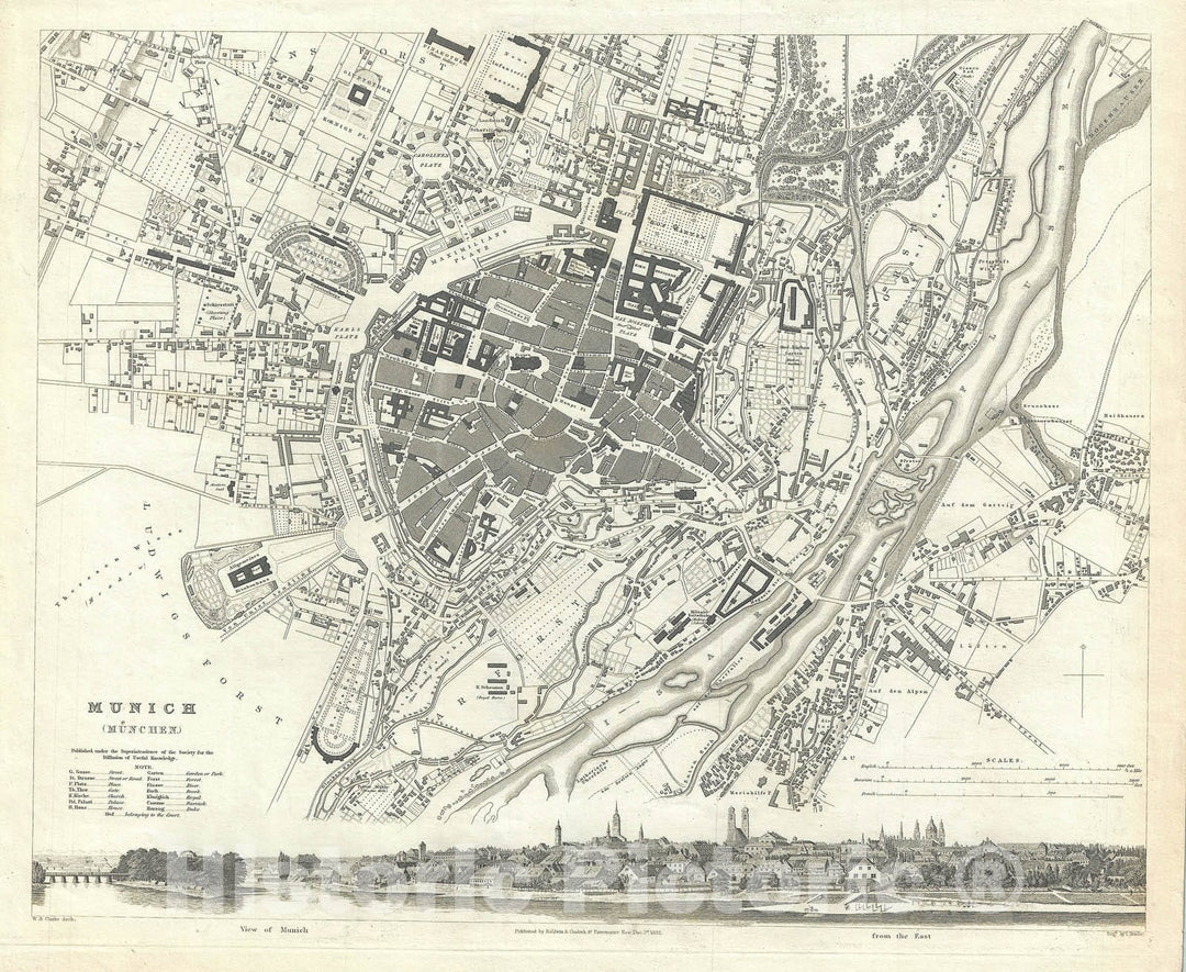 Historic Map : Plan of Munich, Germany, S.D.U.K., 1832, Vintage Wall Art