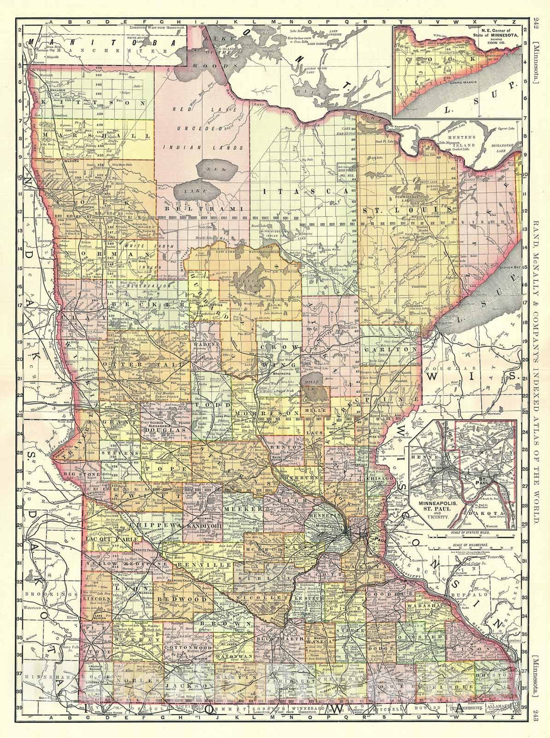 Historic Map : Minnesota, Rand McNally, 1889, Vintage Wall Art