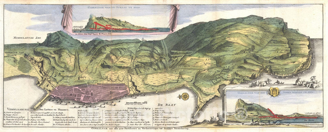 Historic Map : De La Feuille Map and View of Gibraltar, 1720, Vintage Wall Art