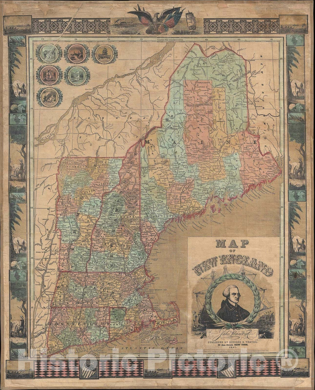 Historic Map : New England, Ensigns and Thayer, 1847, Vintage Wall Art