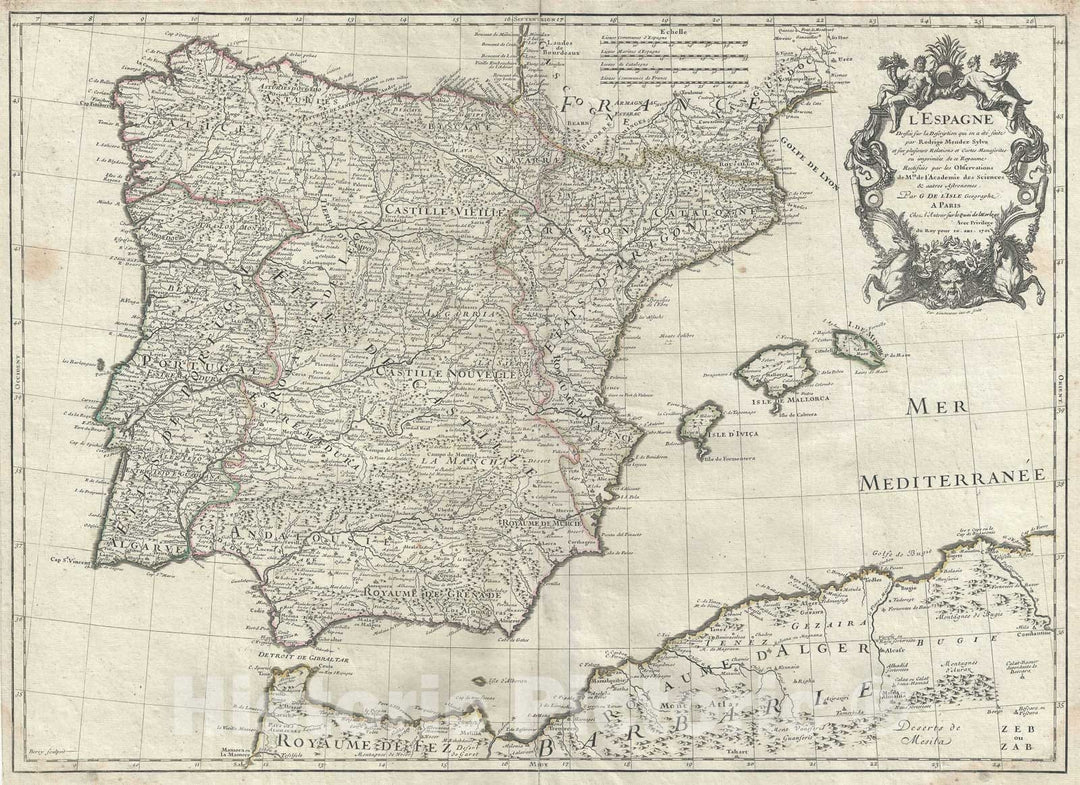 Historic Map : Spain and Portugal, Delisle, 1701, Vintage Wall Art