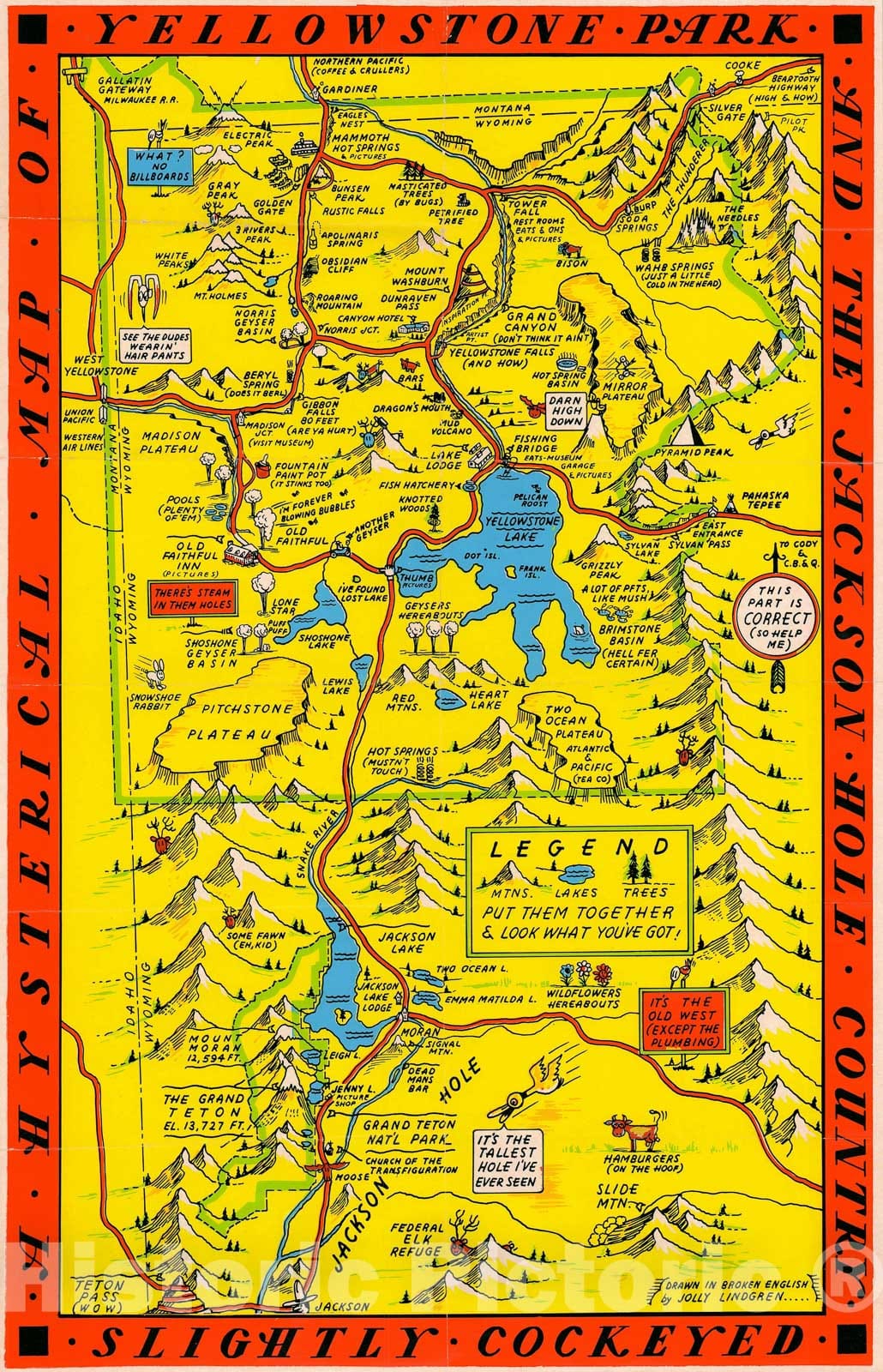 Historic Map : Humerous Pictorial of Yellowstone Park and Jackson Hole, Lindgren, 1936, Vintage Wall Art