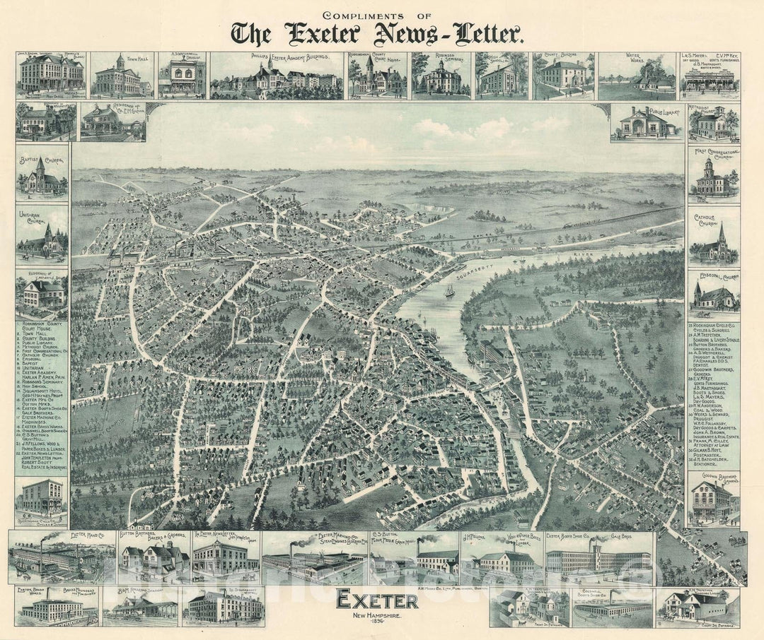 Historic Map : Bird's Eye View Exeter, New Hampshire, Moore, 1896, Vintage Wall Art