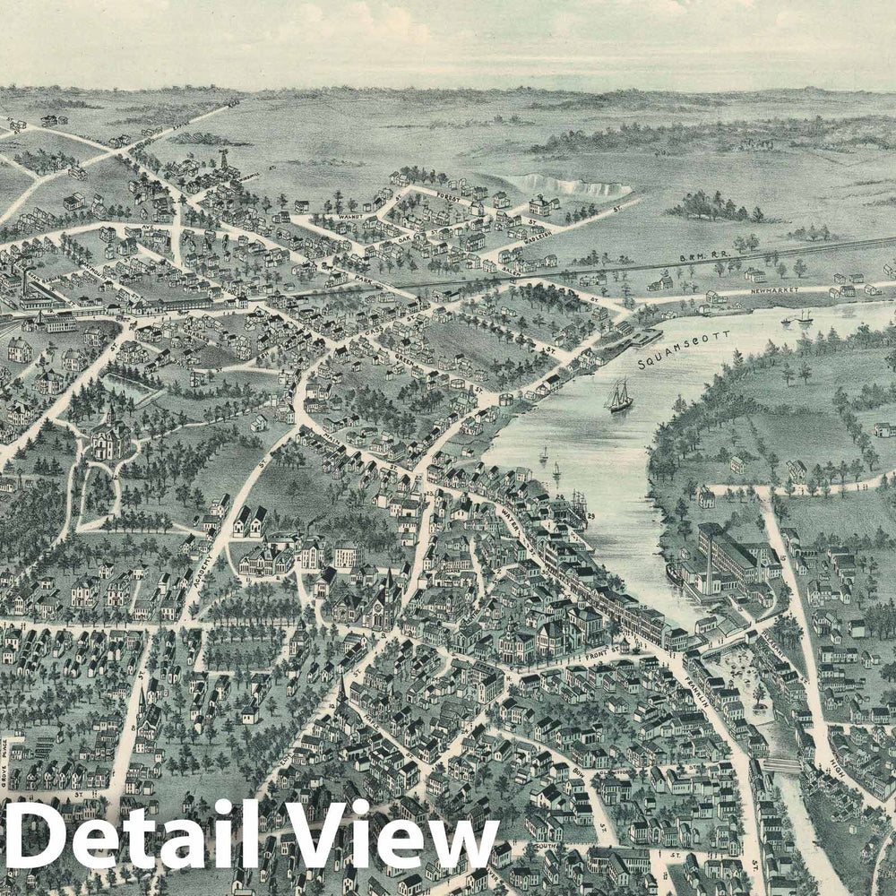 Historic Map : Bird's Eye View Exeter, New Hampshire, Moore, 1896, Vintage Wall Art