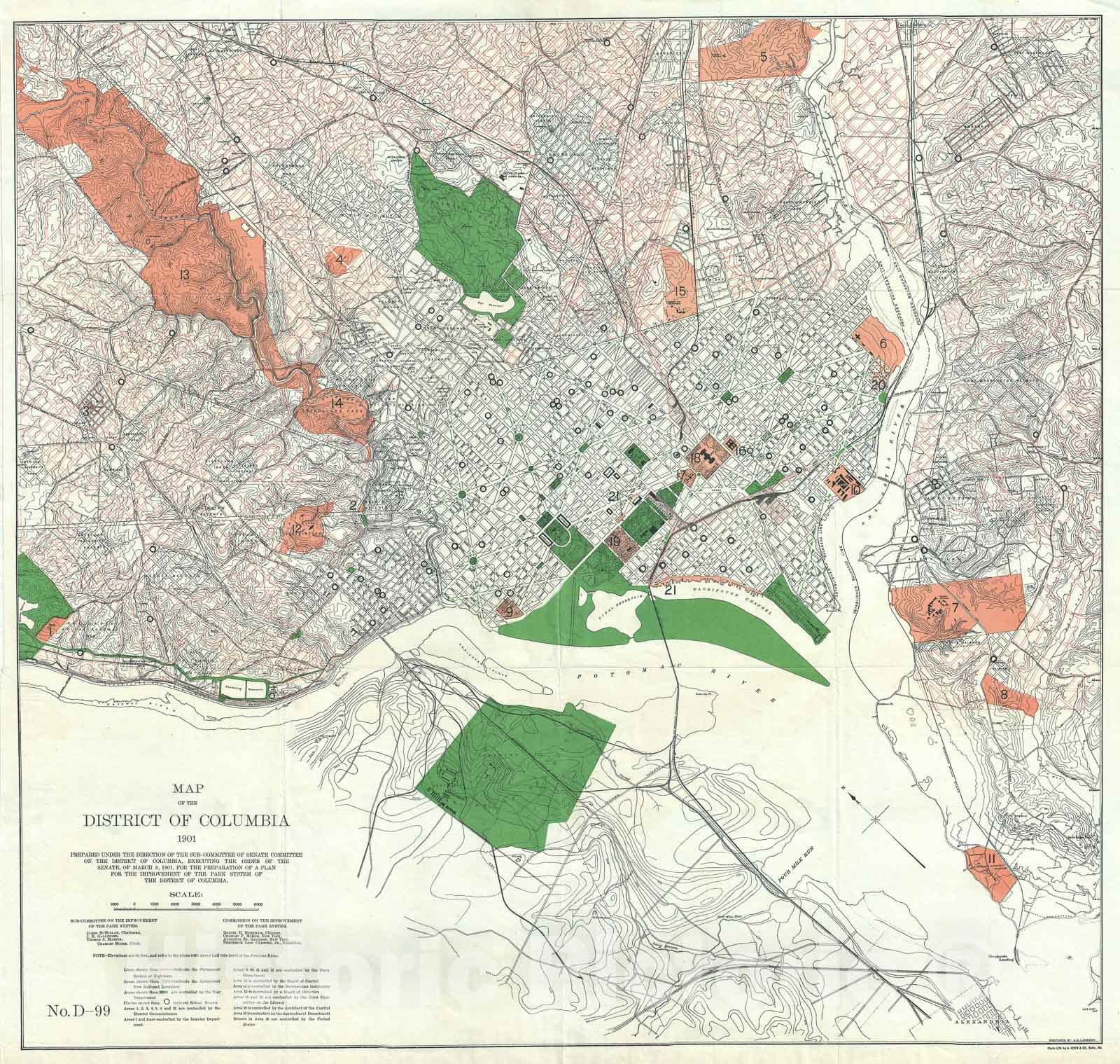 Historic Map : Plan of Washington D.C. showing Park System, Parks Commission, 1901, Vintage Wall Art