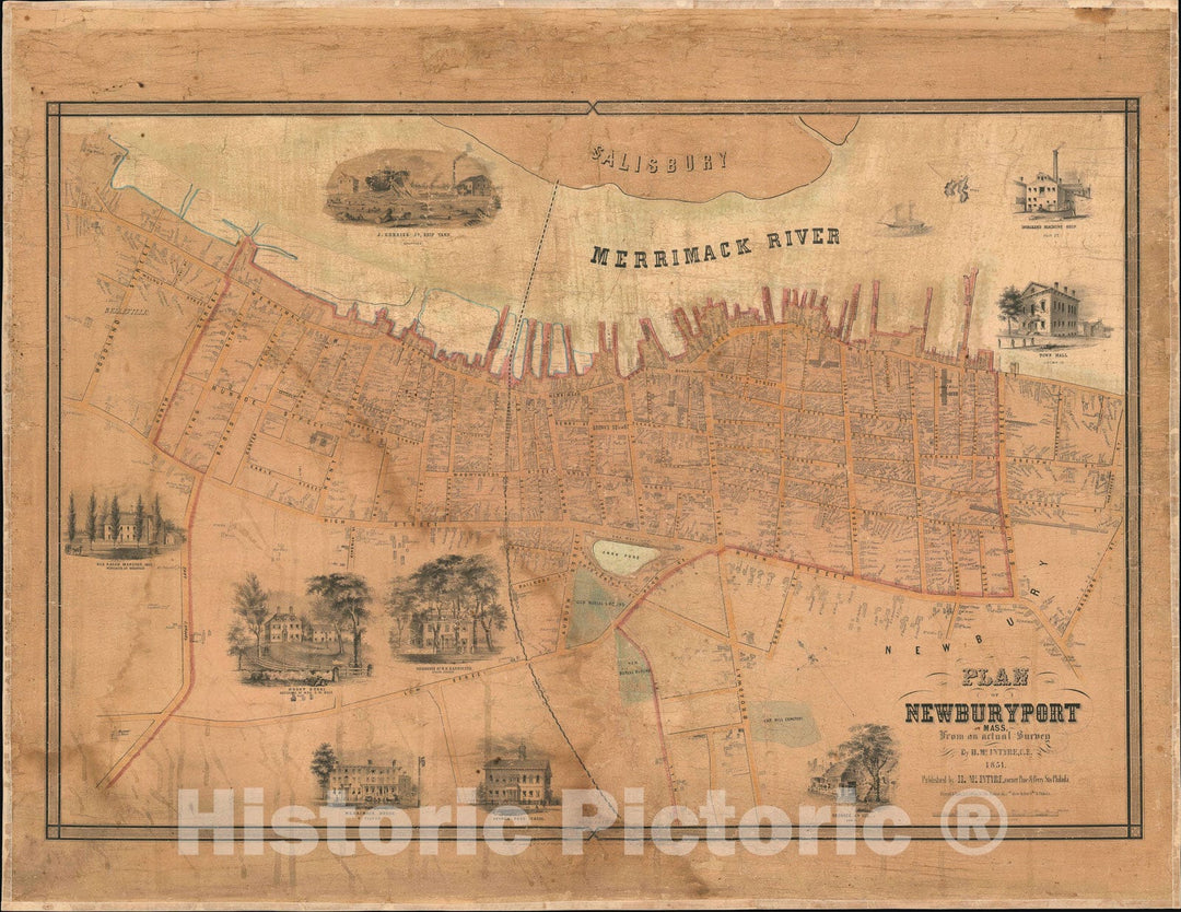 Historic Map : Newburyport, Massachusetts, McIntyre, 1851, Vintage Wall Art