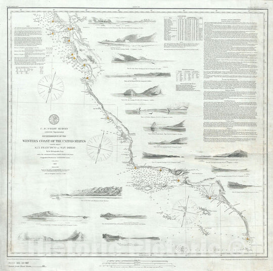 Historic Map : Nautical Chart California Coastline "San Francisco to San Diego", U.S. Coast Survey, 1887, Vintage Wall Art