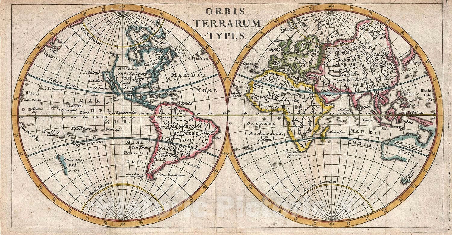 Historic Map : The World in Hemispheres Korea and "California as an Islands", Cluver, 1661, Vintage Wall Art