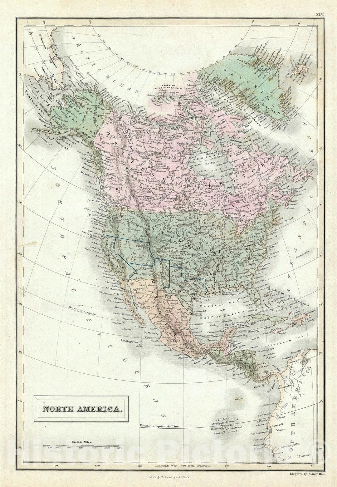 Historic Map : North America and United States, Black, 1851, Vintage Wall Art