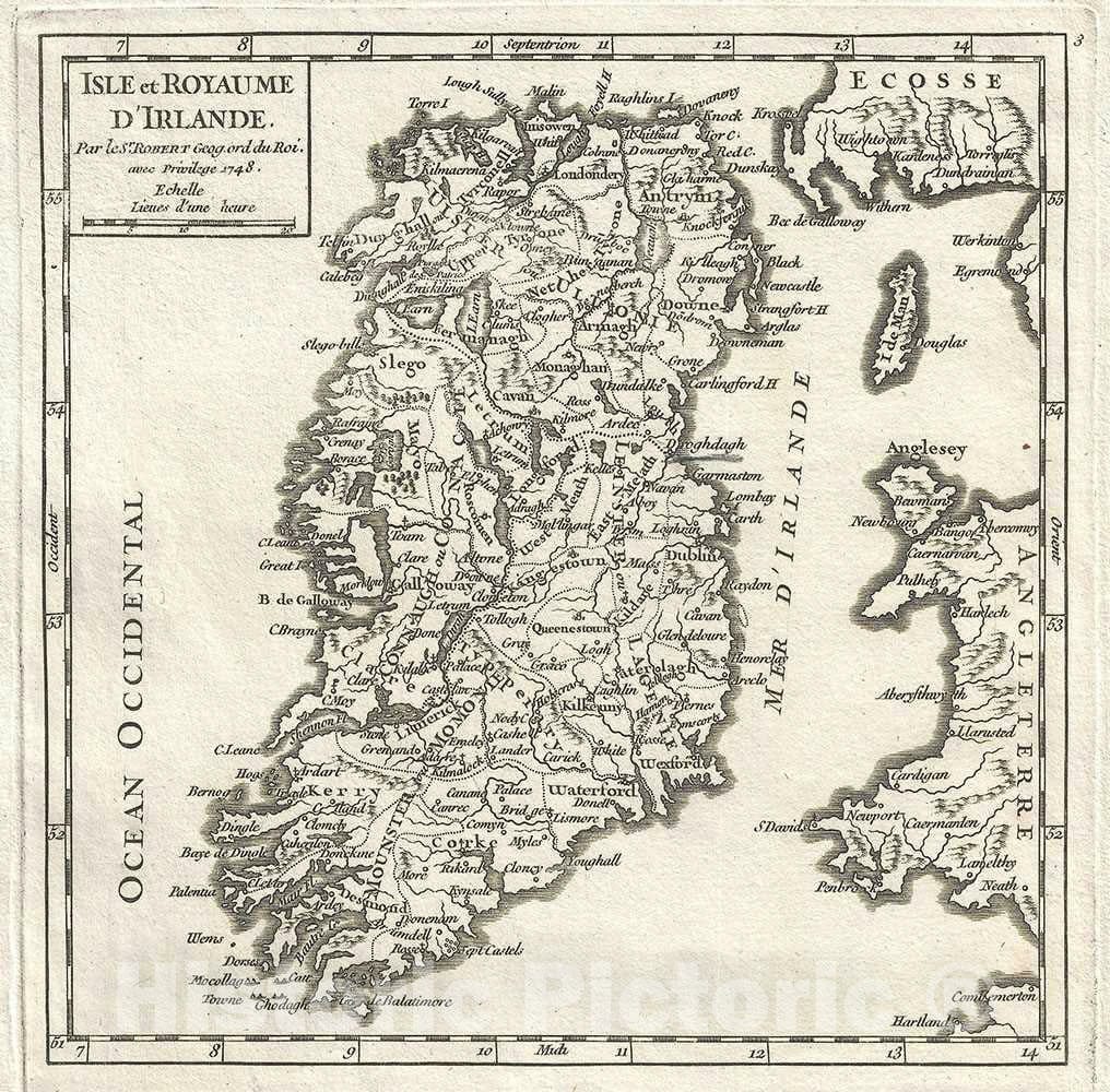 Historic Map : Ireland, Vaugondy, 1748, Vintage Wall Art