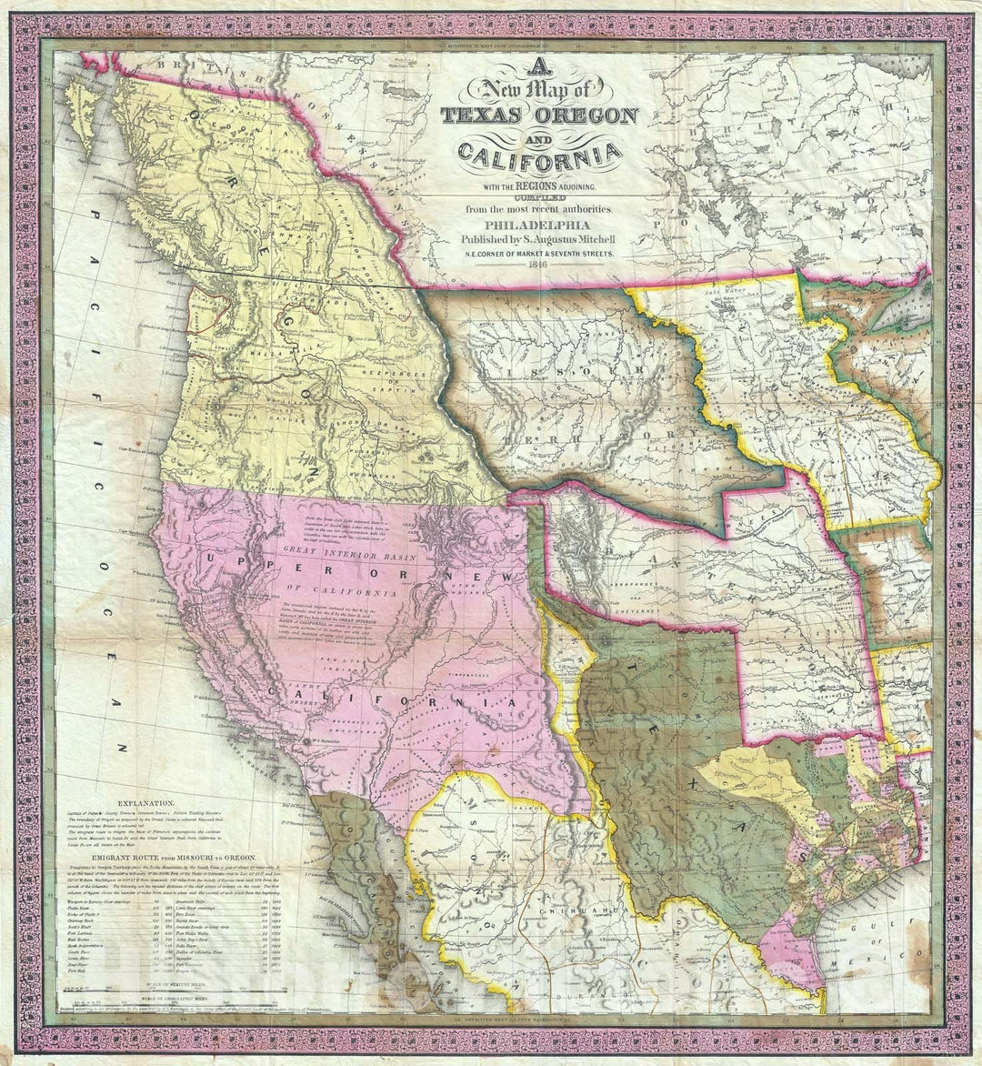 Historic Map : Texas, Oregon and California, Mitchell, 1846, Vintage Wall Art