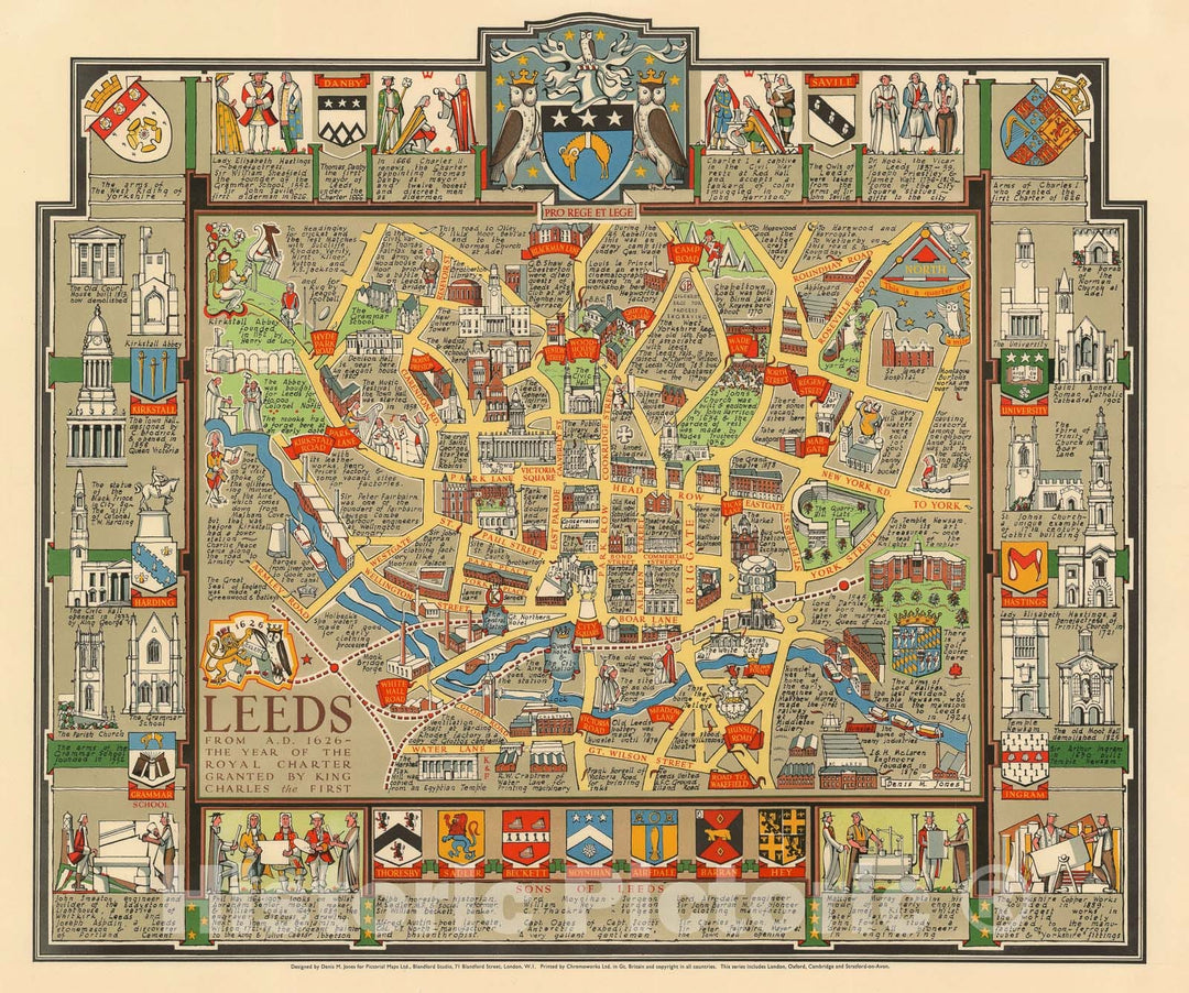 Historic Map : Pictorial Map of Leeds, England, Jones, 1949, Vintage Wall Art