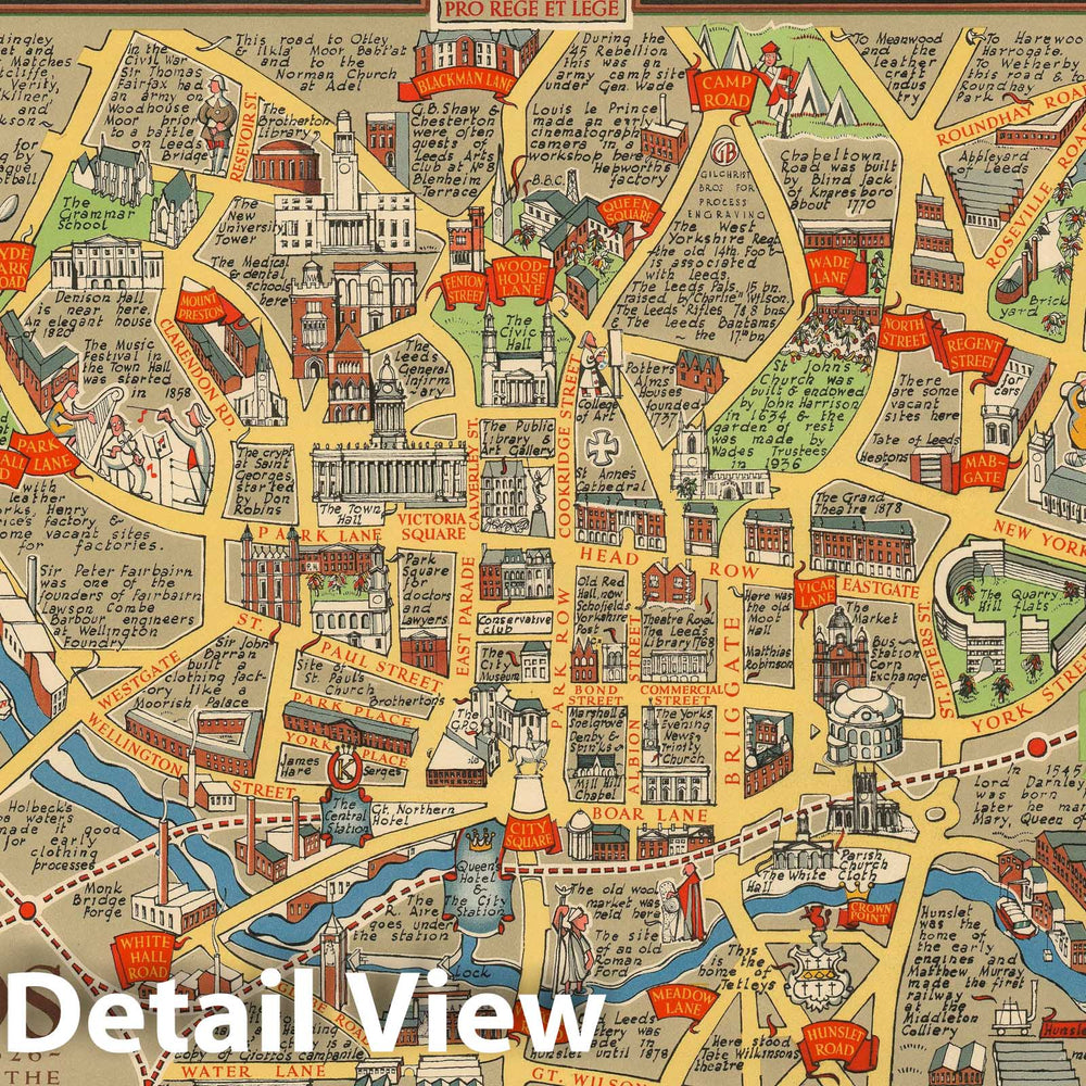 Historic Map : Pictorial Map of Leeds, England, Jones, 1949, Vintage Wall Art