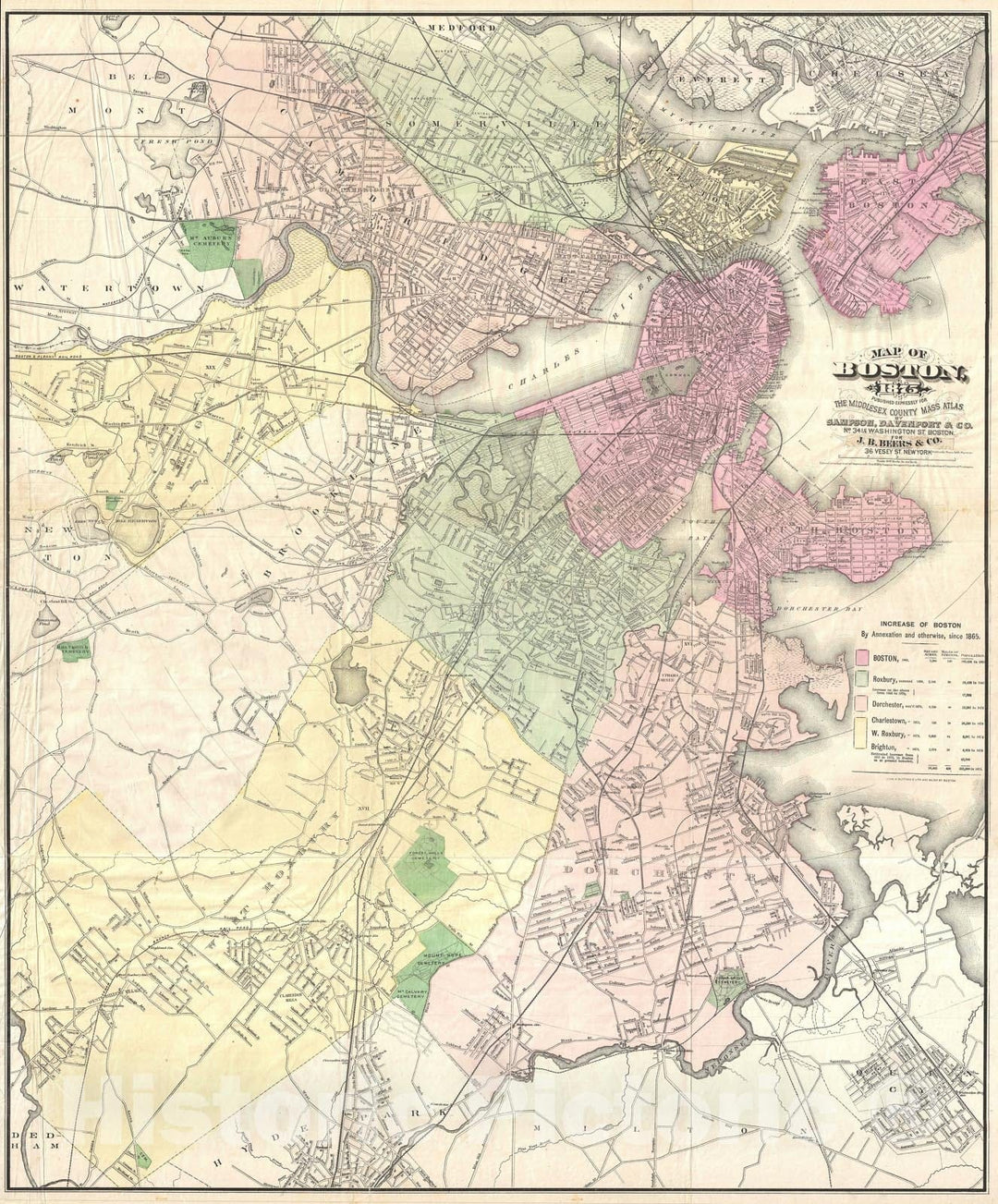 Historic Map : Boston, Massachusetts, Sampson, 1875, Vintage Wall Art