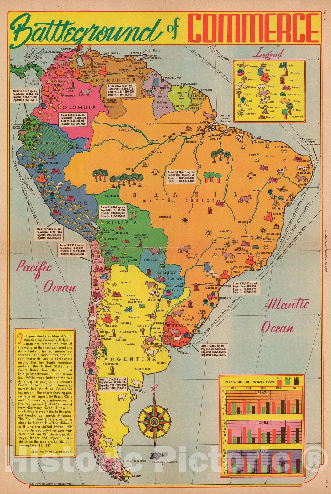 Historic Map : Pictorial Map of South America, Romer, 1939, Vintage Wall Art